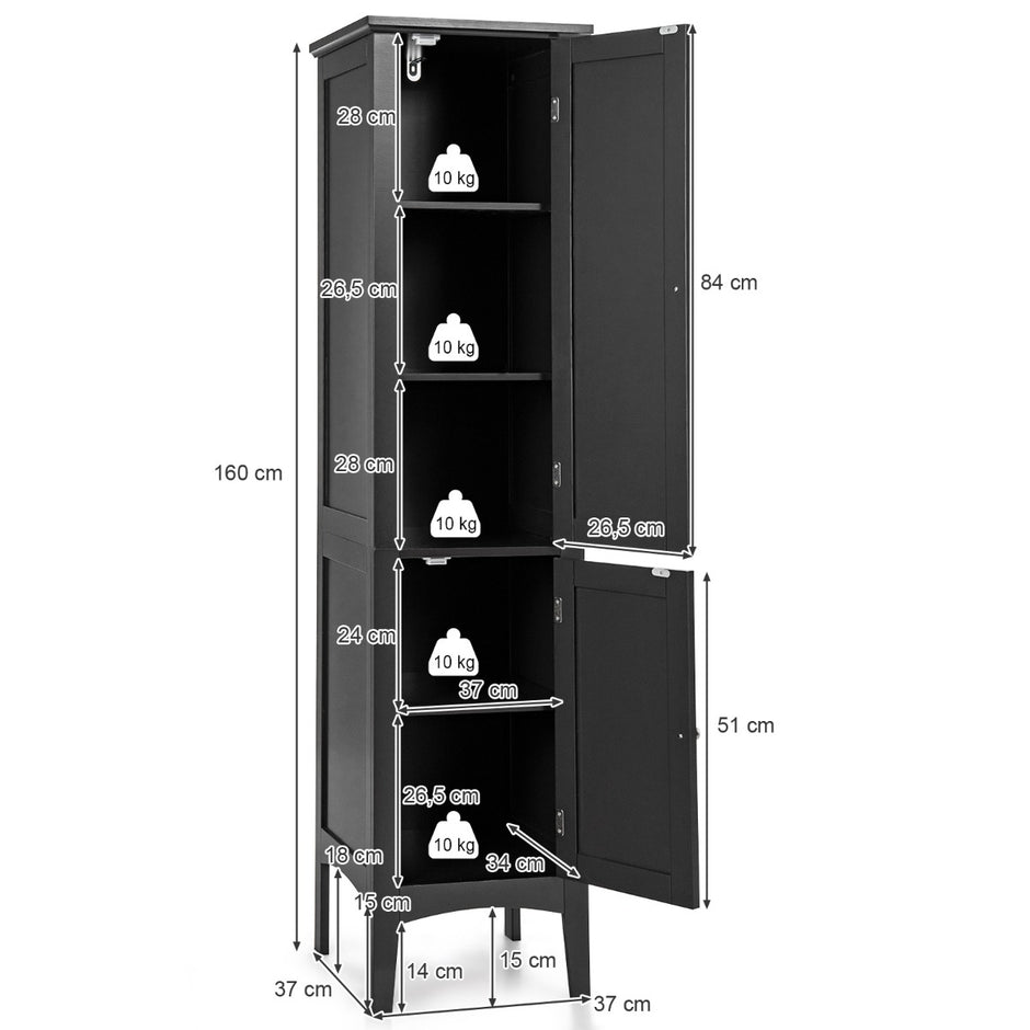 Badrumsskåp – med fack och gallerdörrar hyllor tippskydd Smal högt – 5 2 – Svart