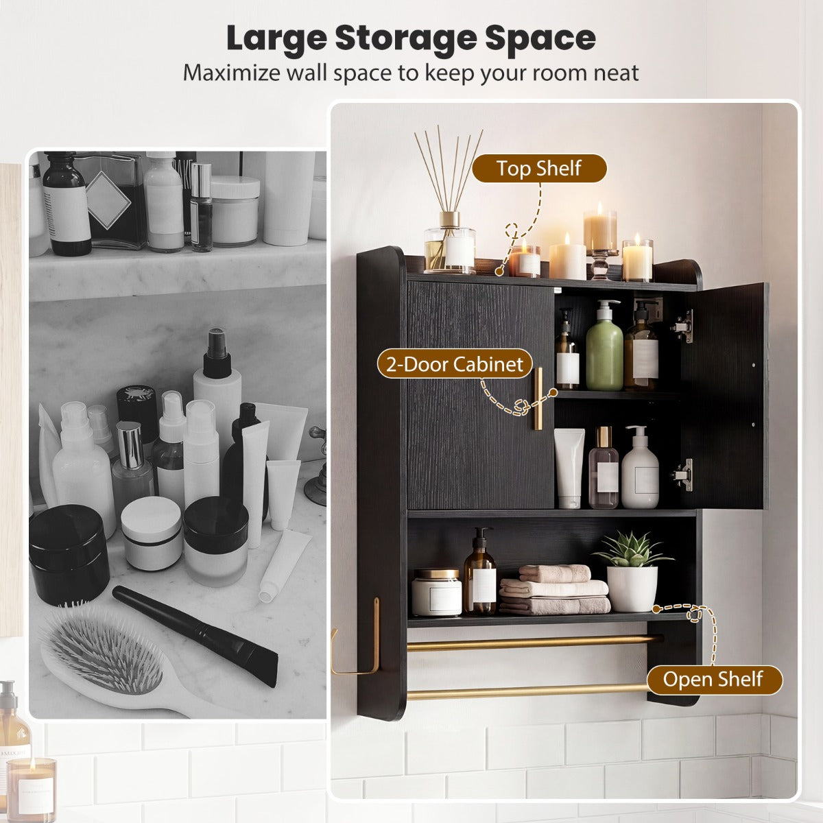 Hängande – badskåp med dörrar, hyllor och handdukshållare, justerbar, – 2 55 x 20 x 80 cm – Svart