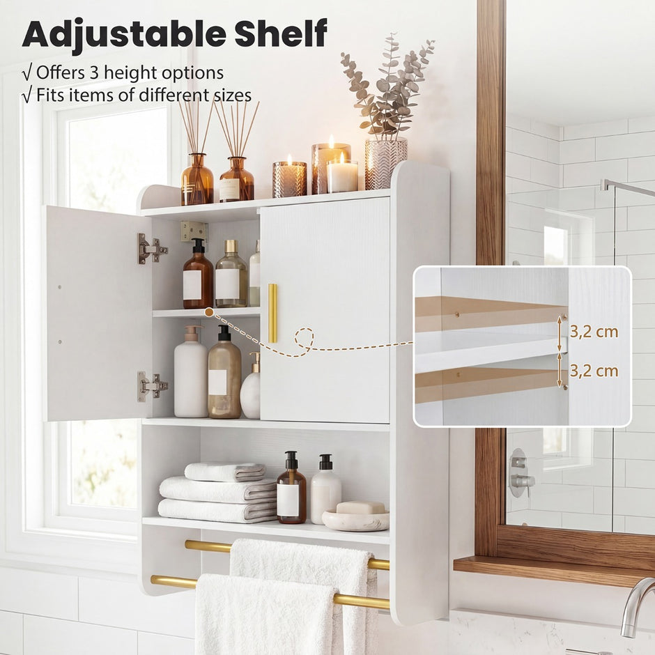 Hängande – Badskåp med Dörrar, Hyllor och Handdukshållare, Justerbar, – 2 55 x 20 x 80 cm – Vit