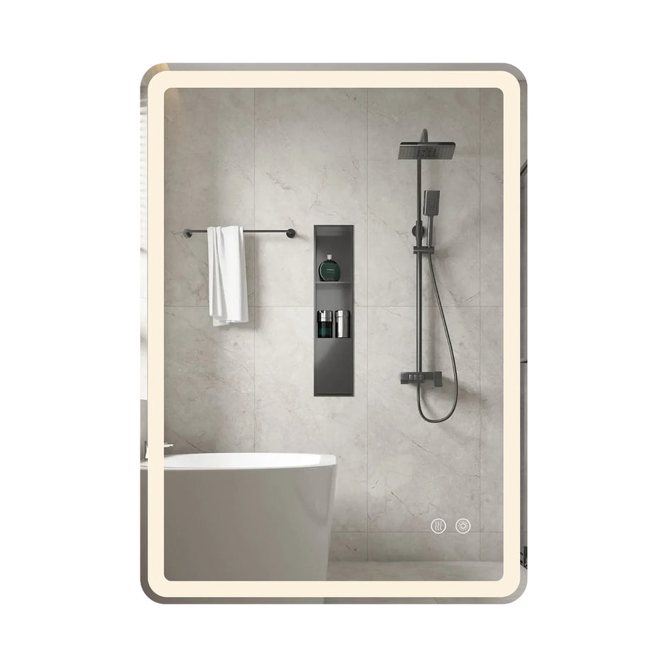 Badrumsspegel – med LED belysning och imma säker väggspegel i härdat glas cm. – 70 x 50 x 3 – Silver