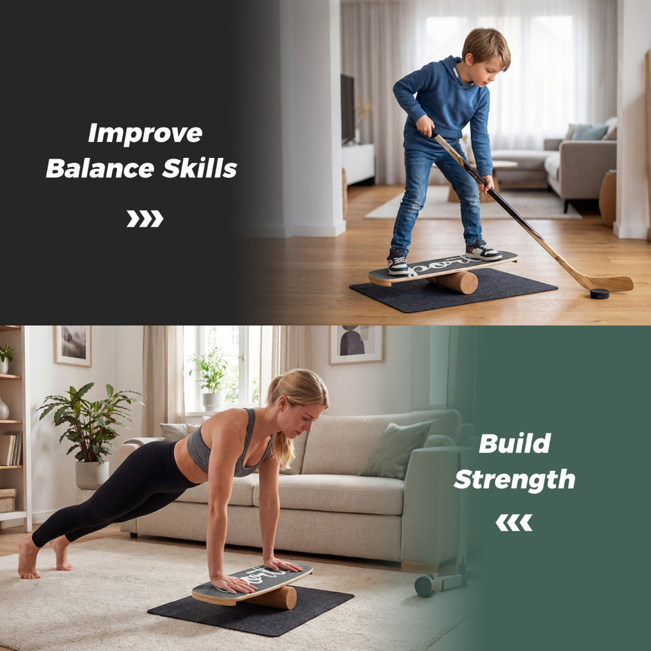 Balancebräda – Waveboard med korkrulle, surfbräda av björkträ, belastbar upp till – 17 mm 10 cm 100 kg – Svart