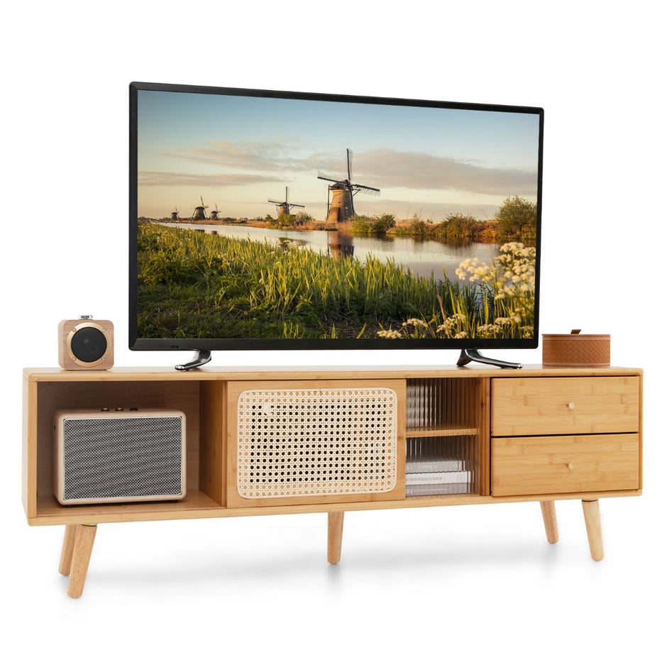 Bambu – TV ställ för apparater upp till 65" konsol i modern stil från mitten av århundradet Naturlig – 140 x 31 x 45,5 cm – Natur