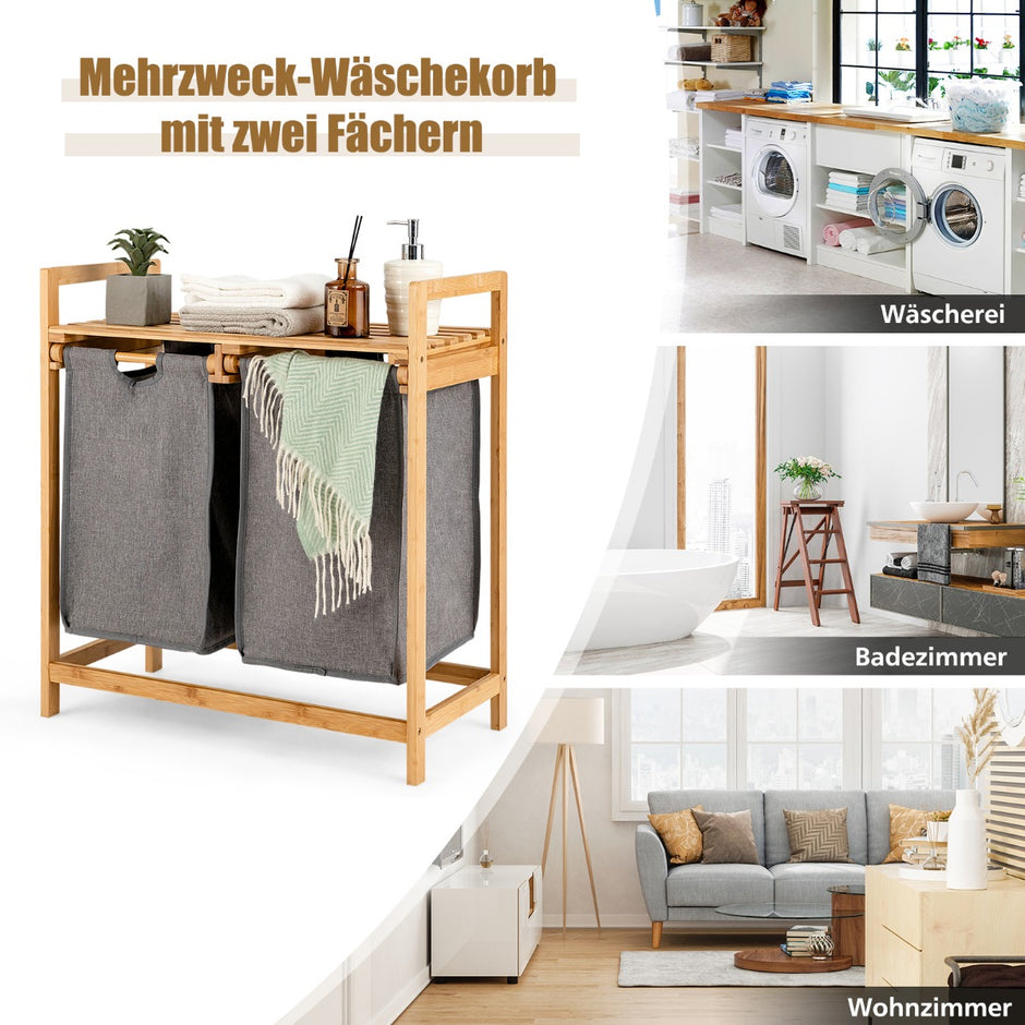 Bambu – tvättkorg med två fack delad Naturlig – 2 64 x 33 x 73 cm – Natur
