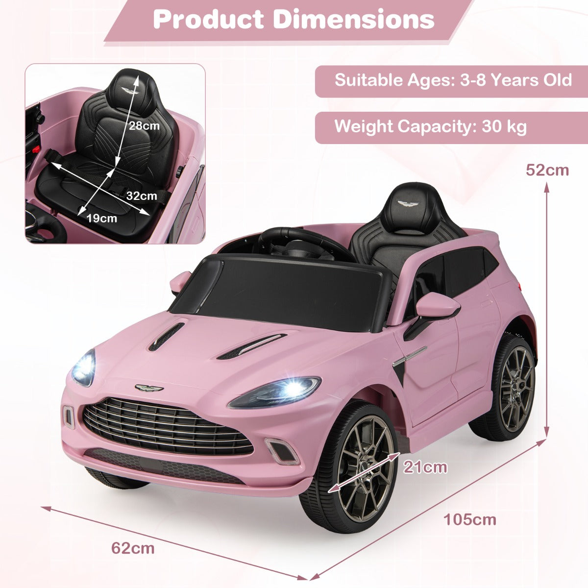 12V – Aston Martin DBX barnbil med 2,4G fjärrkontroll km/h – 1,4-2,5 – Rosa