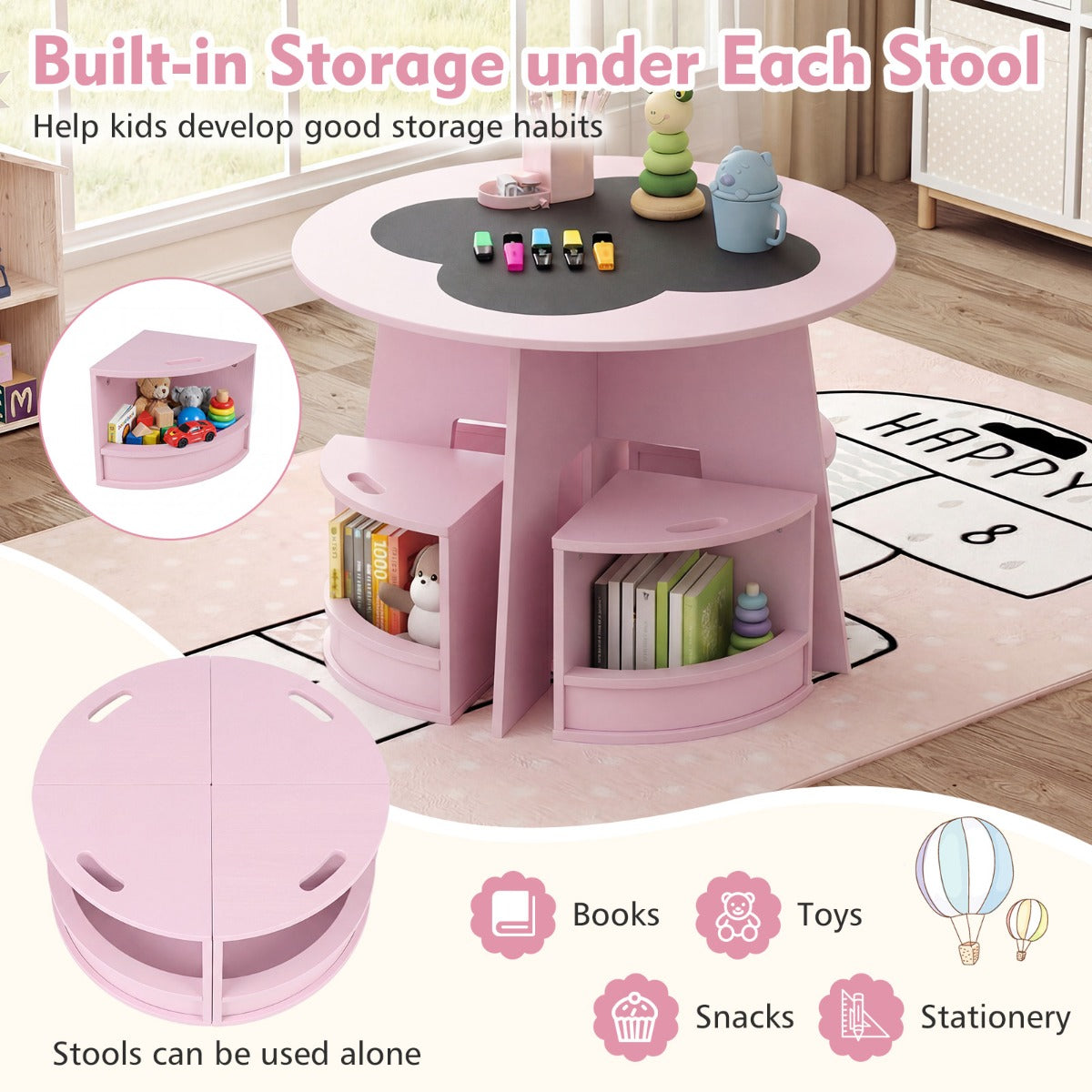 Maltisch – för barnrum, barnbord och stol set runt, delig barnsitgrupp – 5 – Rosa