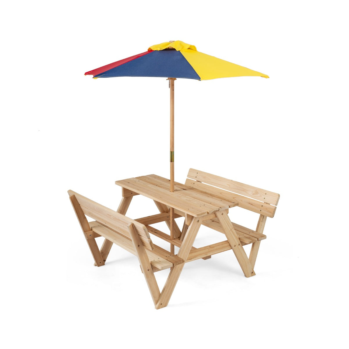 Barnpicknickbord – med solparasoll, barnsittgrupp av granträ bänkar ryggstöd – 2 – Flerfärgad