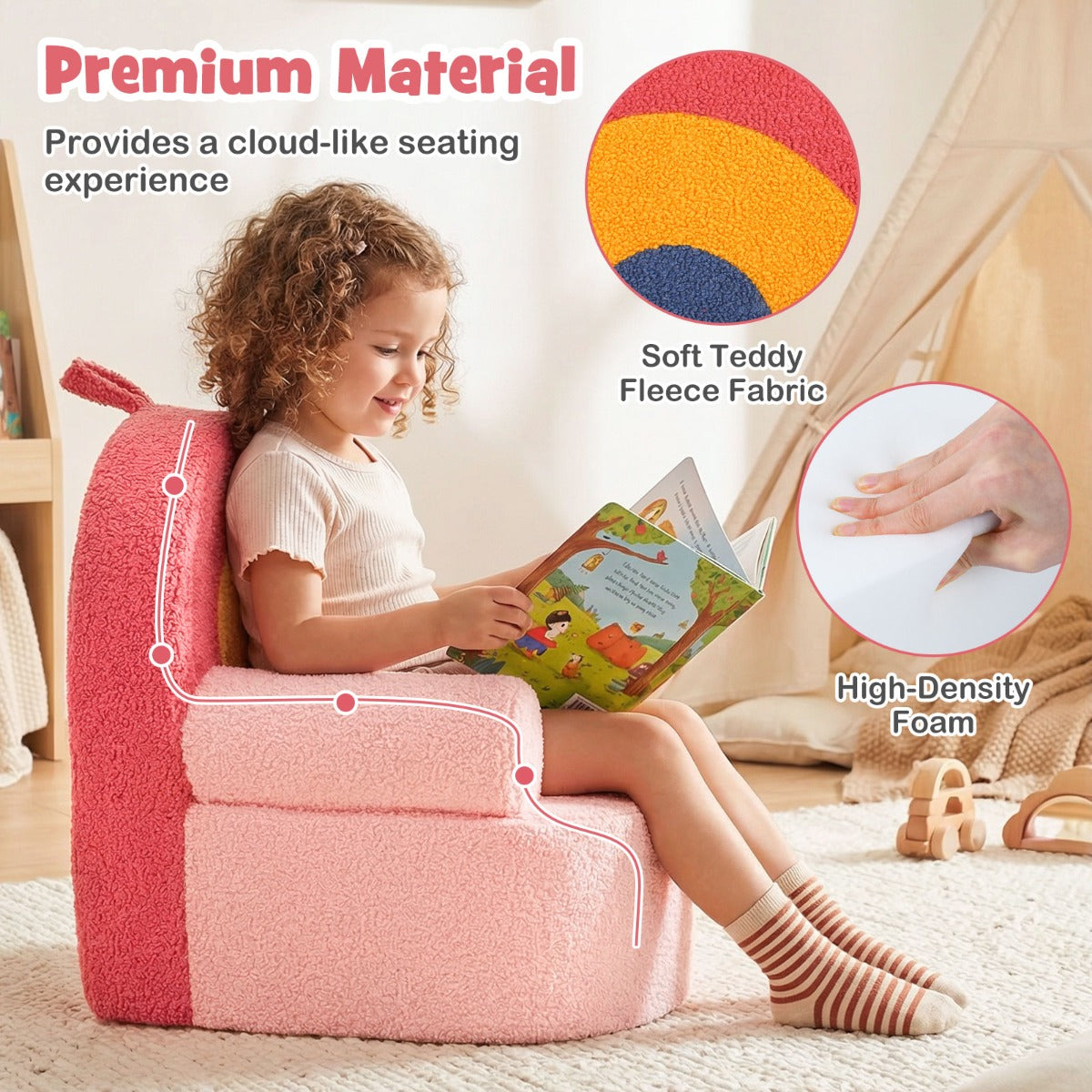 Barnsoffa – ergonomisk barnstol med tät skumgummi och teddypäls – Rosa