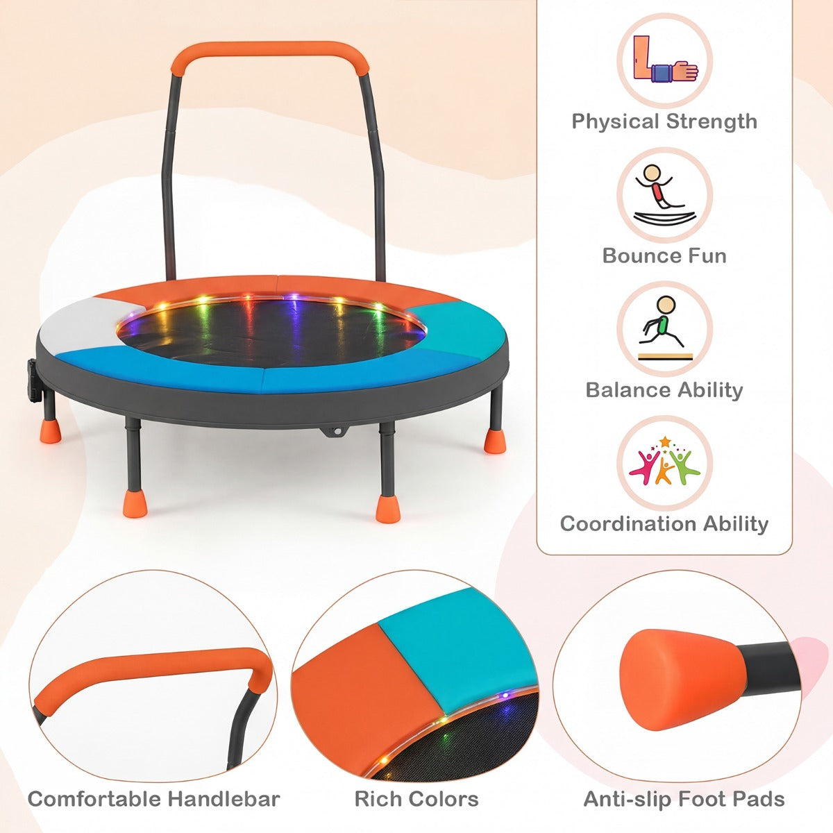 Barntrampolin – Med LED Belysning Och Handtag Väska Mini Ljusblå – Ø 90 Cm – Blå