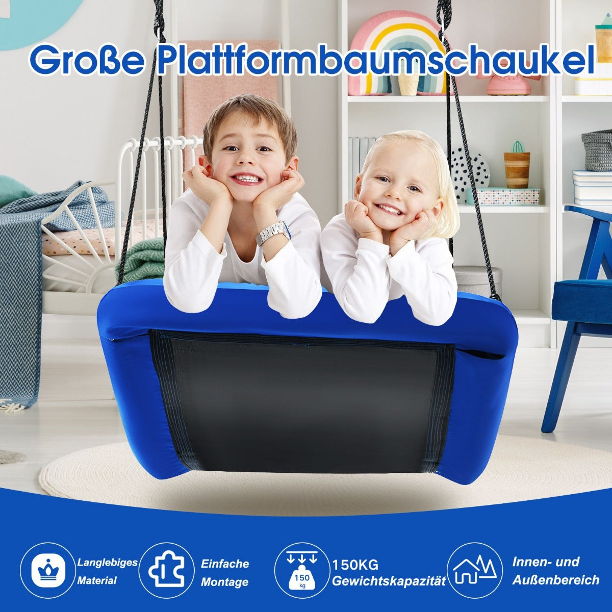 Trädgunga – boet med justerbart rep Utomhusgunga – 83 x 155 cm – Blå