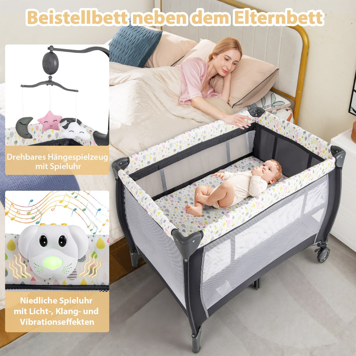 i – hopfällbart sängbord med madrass, hängande leksak, speldosa – 3 1 – Färgglad