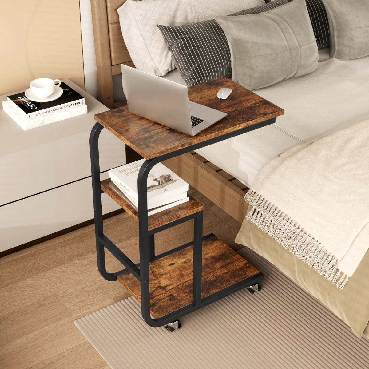 Set – med C formade sidobord öppna hyllor och låsbara hjul Utrymmesbesparande – 2 – Rustik brun