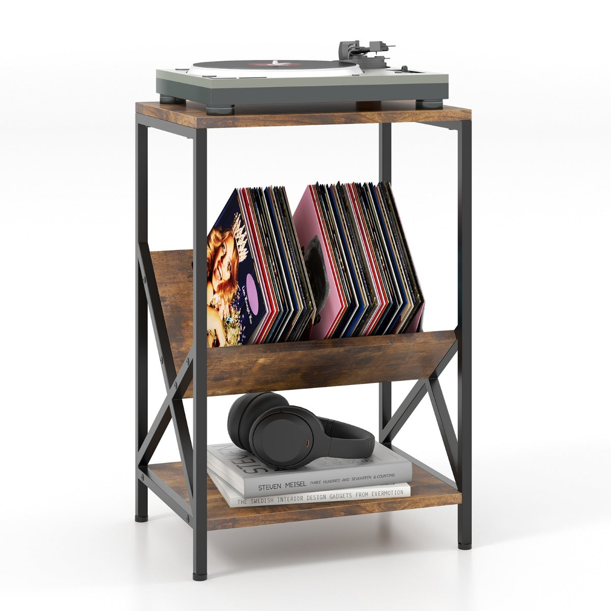 Sidobord – vånings med V formad tidskriftshållare – 3 40 x 30 x 61 cm – Rustik brun
