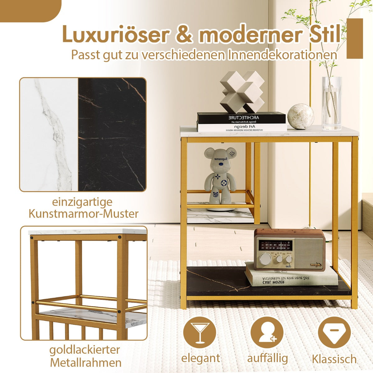 Sidobord – marmorlook vånings sängbord med metallram soffbord modernt vardagsrumsbord vitt – 3 – Vit