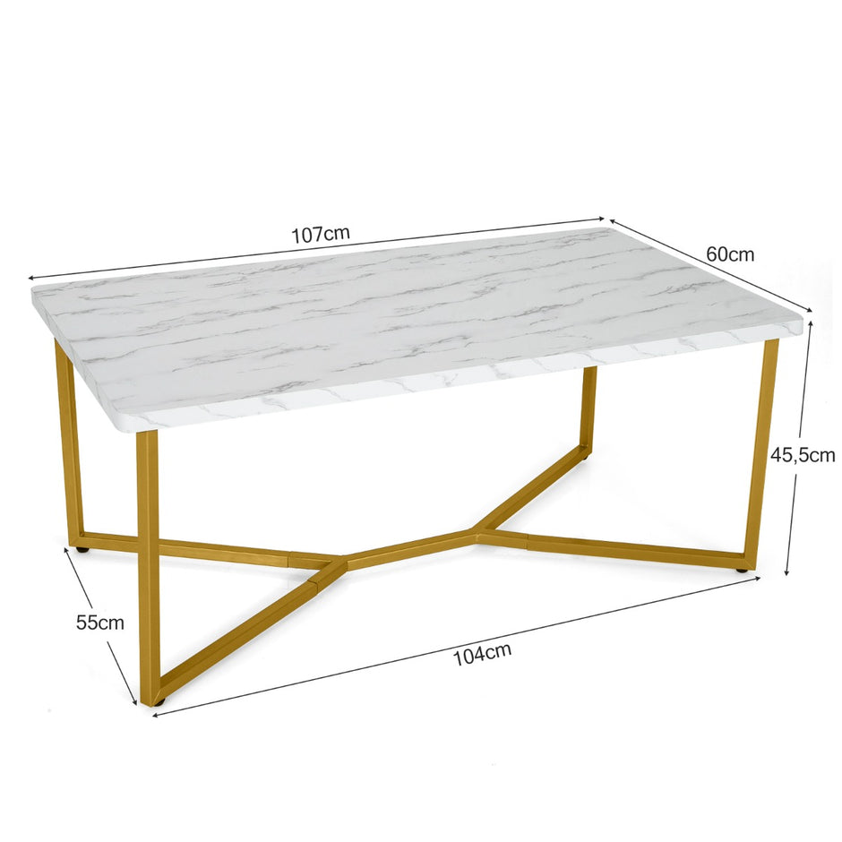 Soffbord – i marmorlook med gyllene metallram och justerbara fotkuddar – Vit