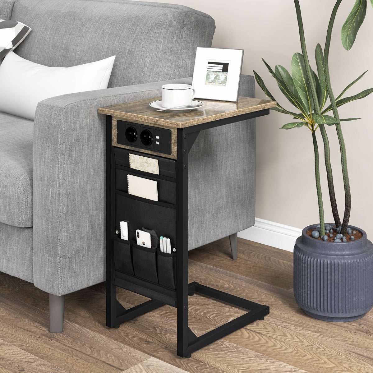 Set – med C formade sidobord laddstation och USB portar sidoficka sängbord – 2 – Rustik brun