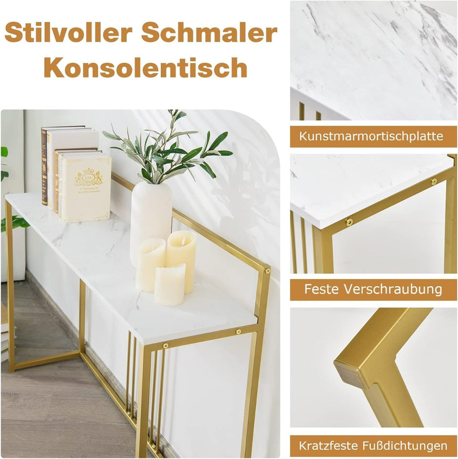 Konsolbord – med marmorlook och guldfärgad metallstomme Modernt hallbord – 120 cm – Vit