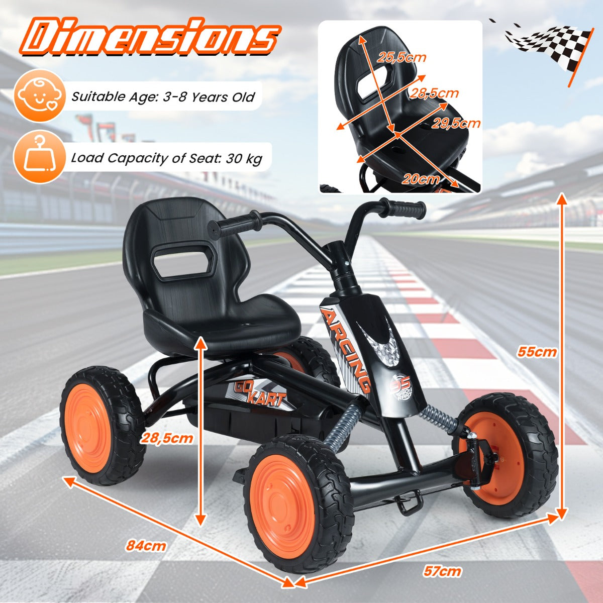 Barn – Gokart Med Justerbar Sittplats Pedal Framåt Bakåt Däck Utomhus För År – 3-8 – Svart