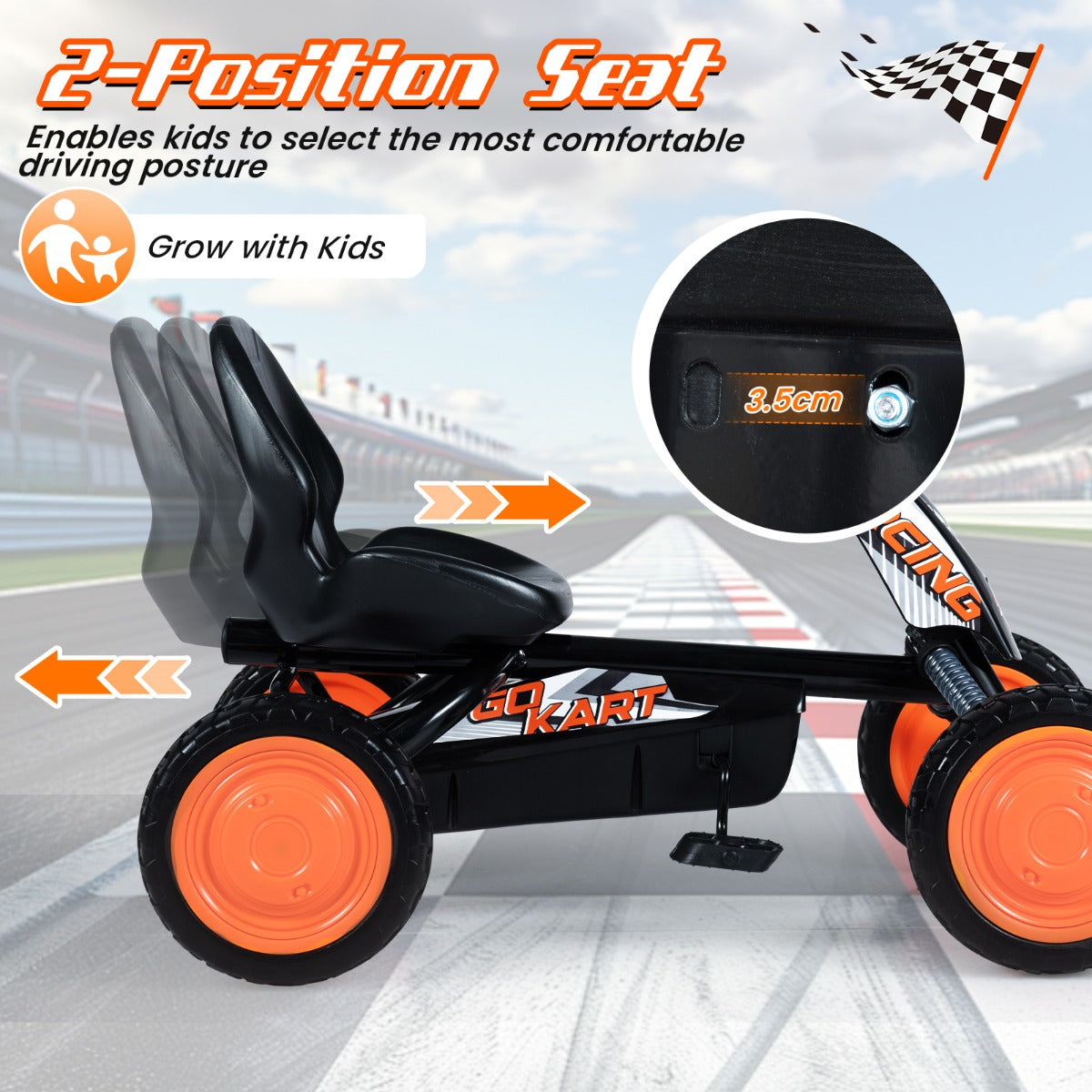 Barn – Gokart Med Justerbar Sittplats Pedal Framåt Bakåt Däck Utomhus För År – 3-8 – Svart