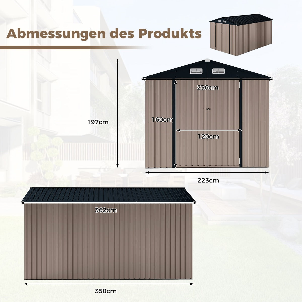 Utrustningshus – Metall redskapsbod med lutande tak, låsbara dörrar och nycklar – 350 x 223 x 197 cm – Grå