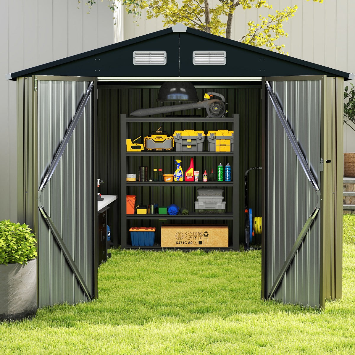 Utrustningshus – Metall redskapsbod med lutande tak, låsbara dörrar och nycklar – 350 x 223 x 197 cm – Grå