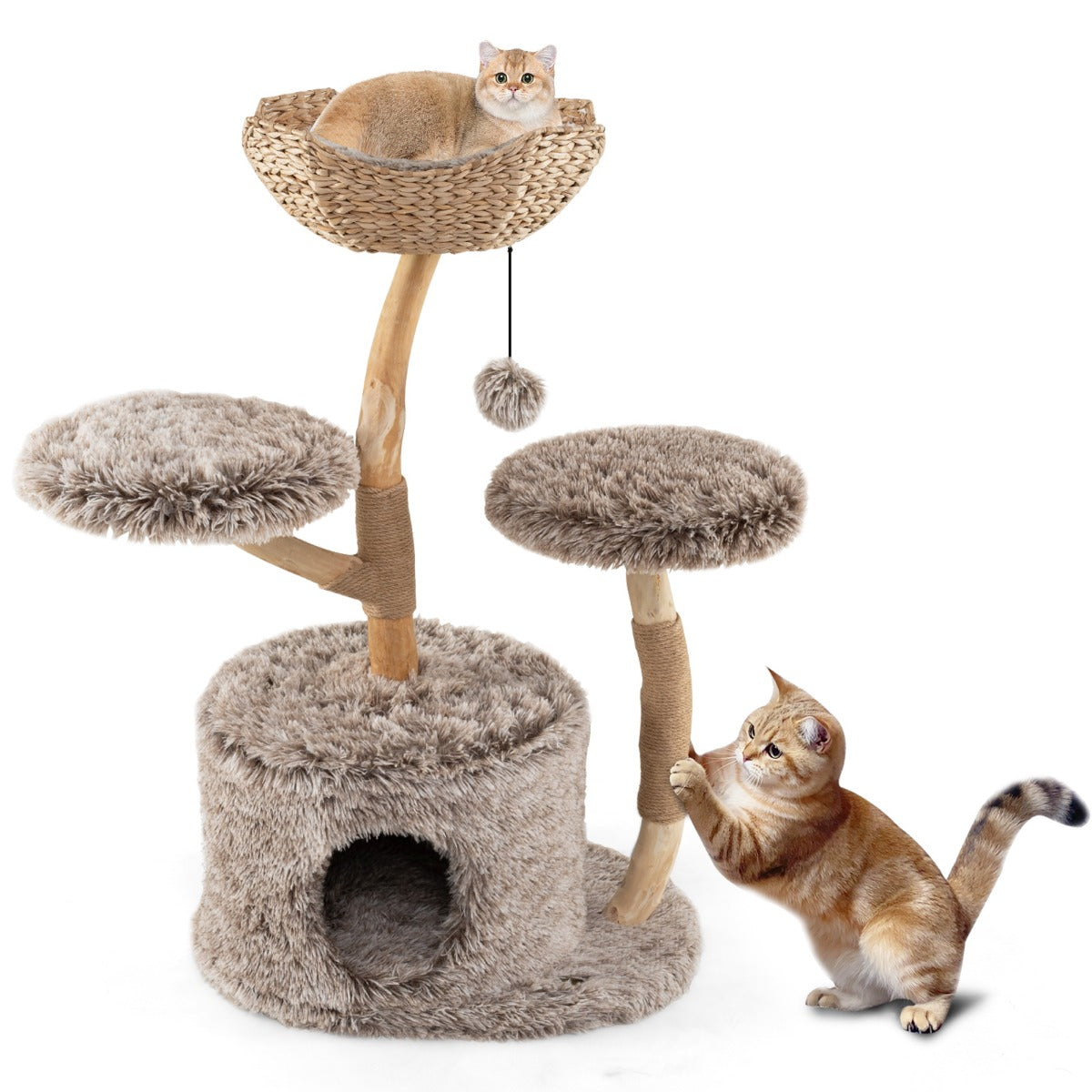 Klösträd – i med kattgrotta, plyschsittplatser, korg och klöspost. – 2 105 cm – Trä