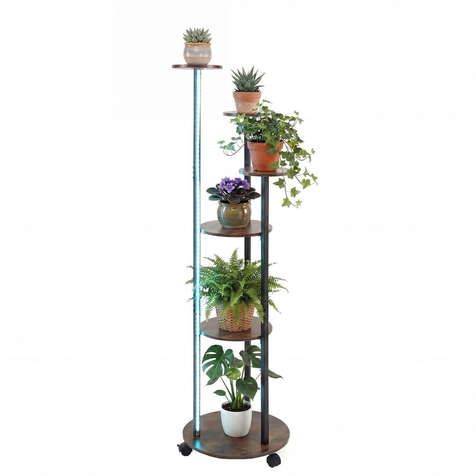 stegs – plantställ med LED belysning och hjul, blomsterställ planthylla Rustik – 6 / – Brun + svart