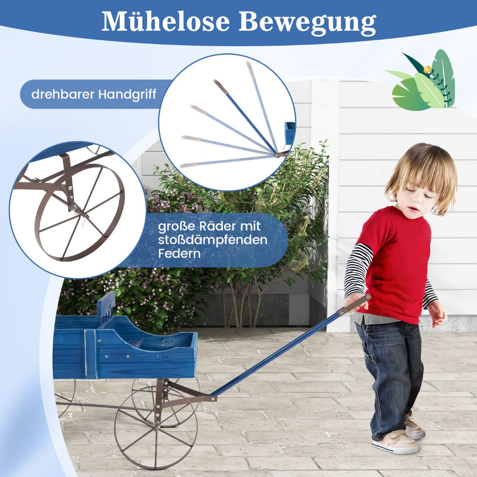 Blomstativ – Trävagn Växtvagn Blomstervagn med metallhjul – 62 x 34 x 60 cm – Blå
