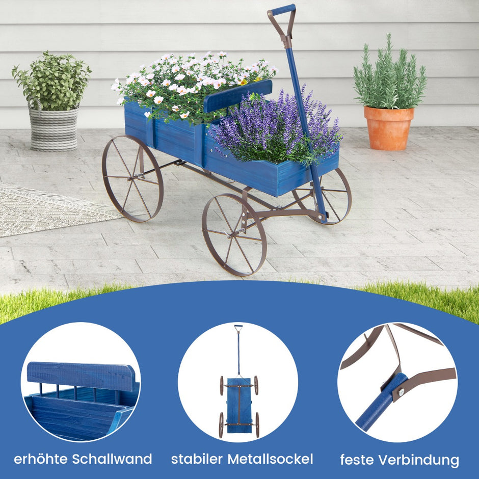 Blomstativ – Trävagn Växtvagn Blomstervagn med metallhjul – 62 x 34 x 60 cm – Blå