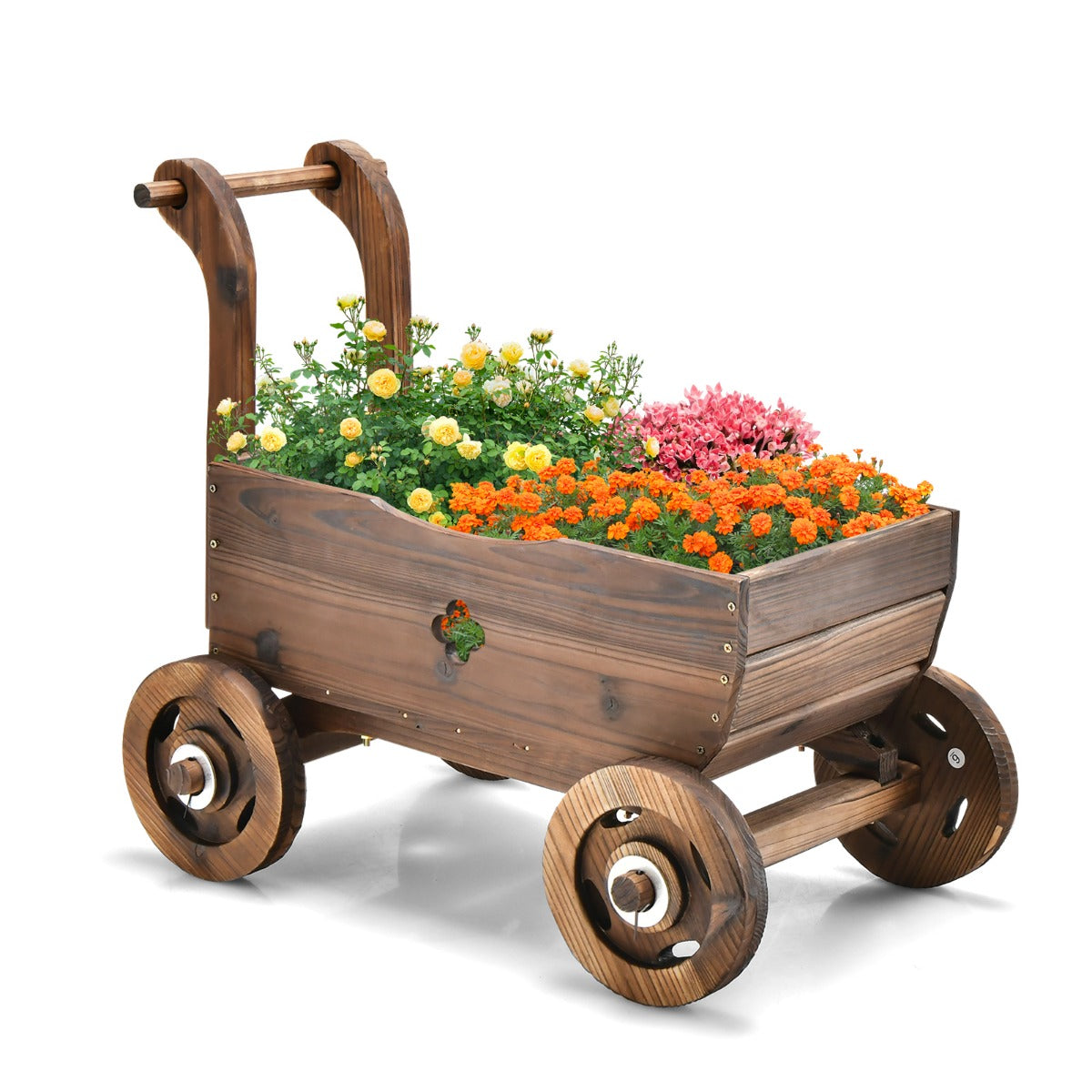 Blomkorgskruka – av trä med hjul – 68 x 38,5 x 53,5 cm – Brun