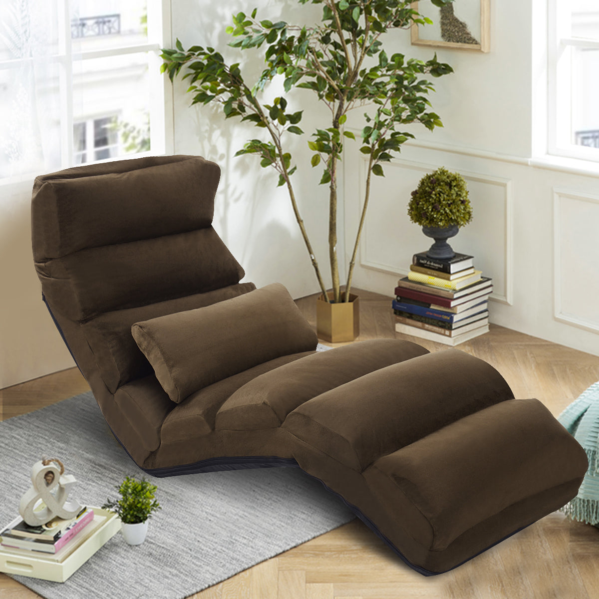 Golvstol – med ryggstöd, hopfällbar golvsäng – 175 x 55 x 20 cm – Brun