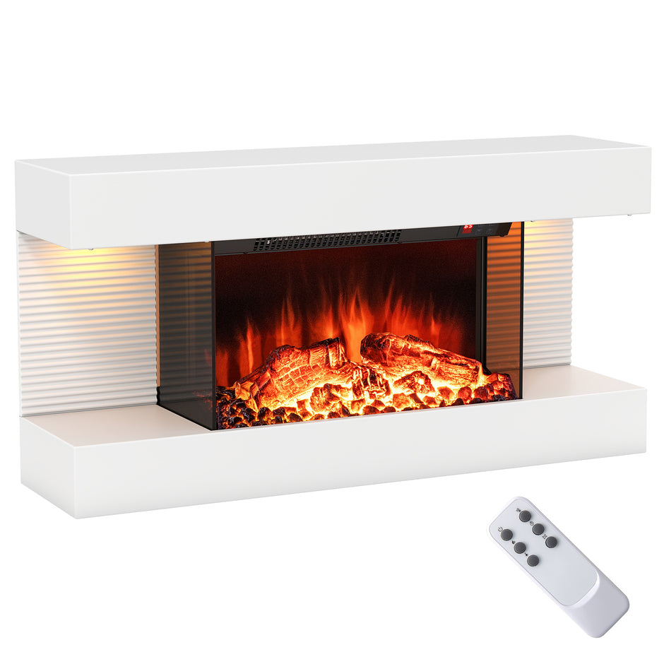 Elkamin – med värme och LED sidobelysning Svävande väggkamin fjärrkontroll – Vit