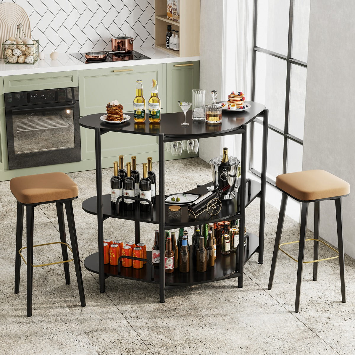 nivåer – kök bardisk med glasställ och metallram husbar köksbänk minibar – 3 – Svart