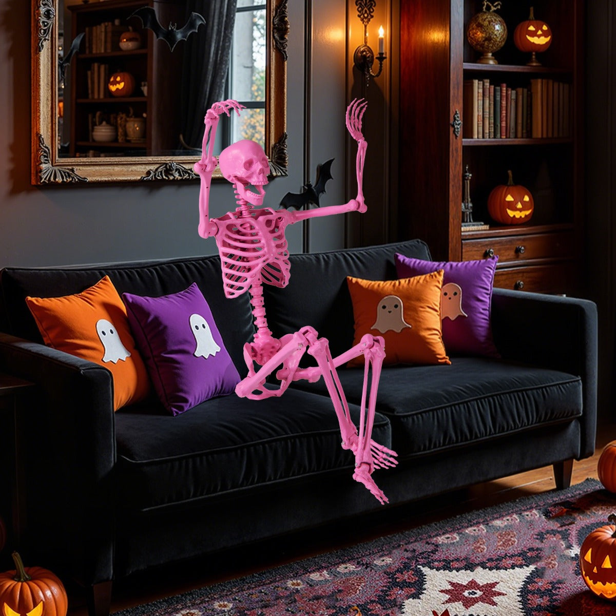 Halloween – skelett, livsstort, poserbart med rörliga leder, dekoration – 160 cm – Rosa