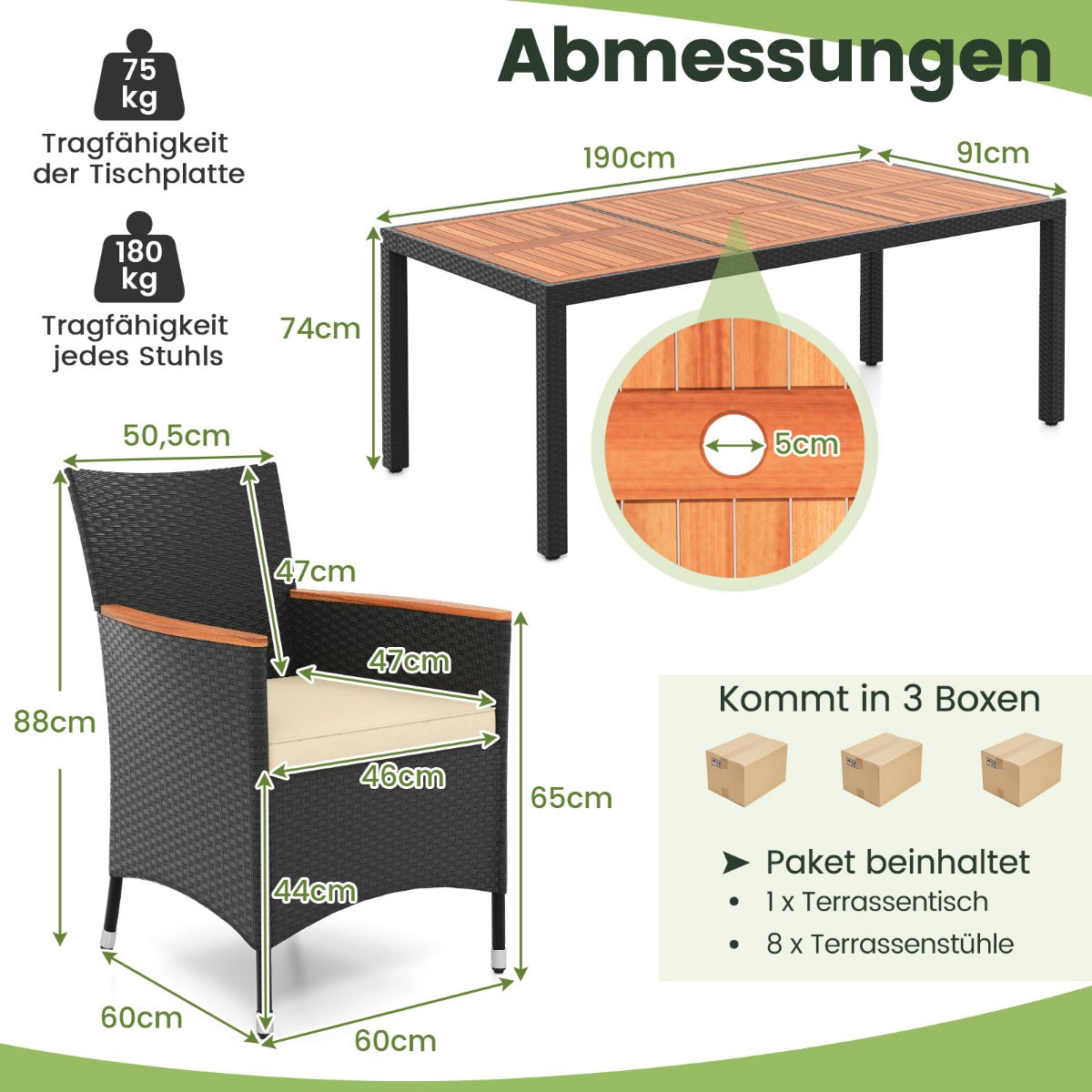 TLG. – Rattan Trädgårdsmöbel Set Matset för personer Trädgårdsbord i akaciaträ med parasollhål – 9 8 – Vit