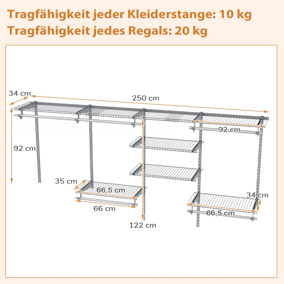 Öppen – garderob Utbyggbar DIY förvaringssystem – 122-244 cm – Grå