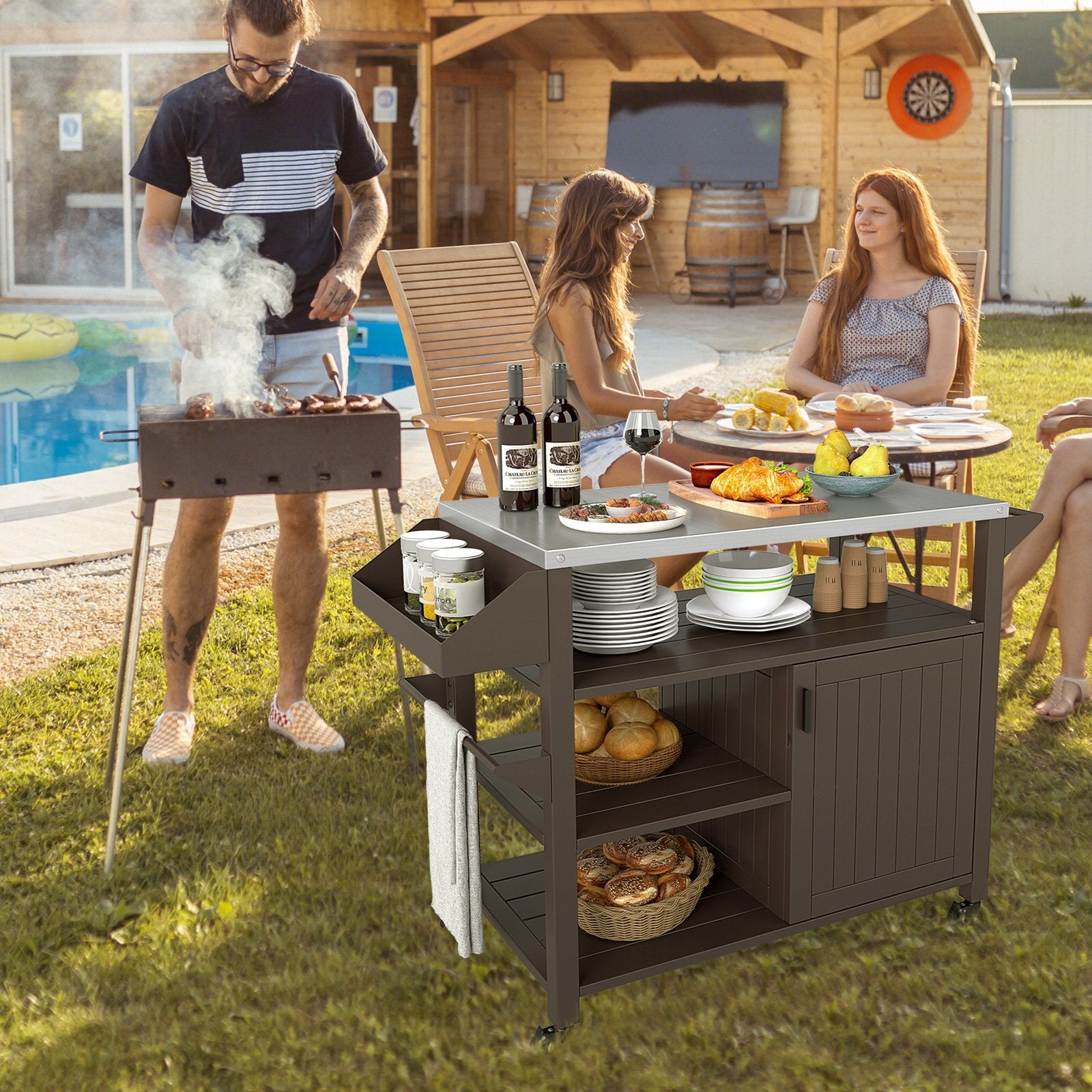 Grillvagn – på hjul Grillbord med rostfritt stål Serveringsvagn och hyllor skåp kryddhylla – 3 – Svart