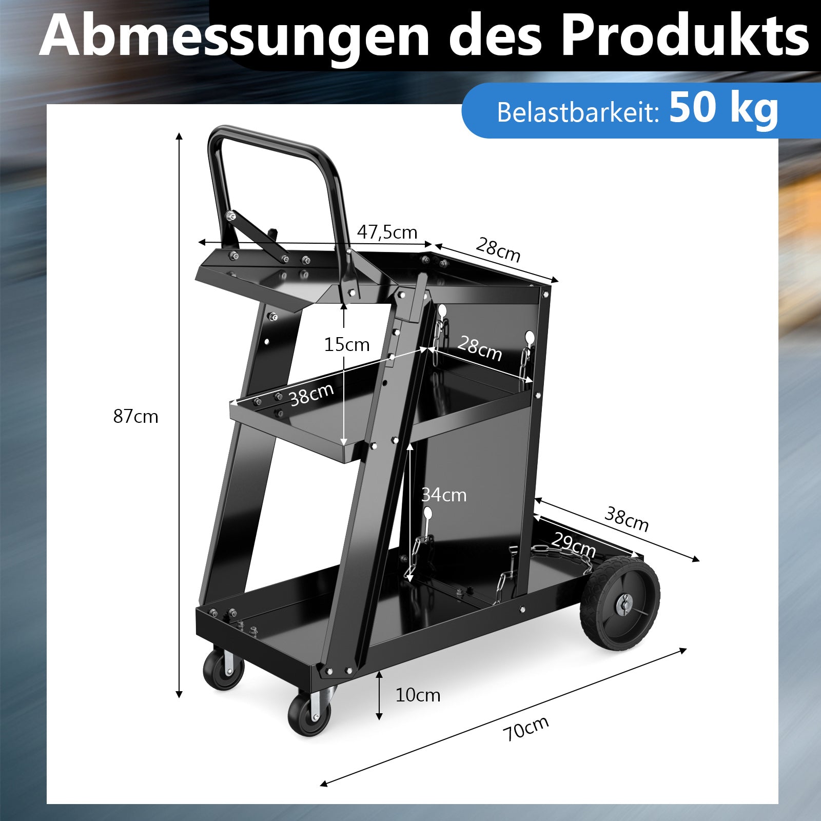 Svetsvagn – med hyllor Svetsmobil för svetsutrustning Svetsmaskinvagn tipp skyddskedjor – 3 – Svart