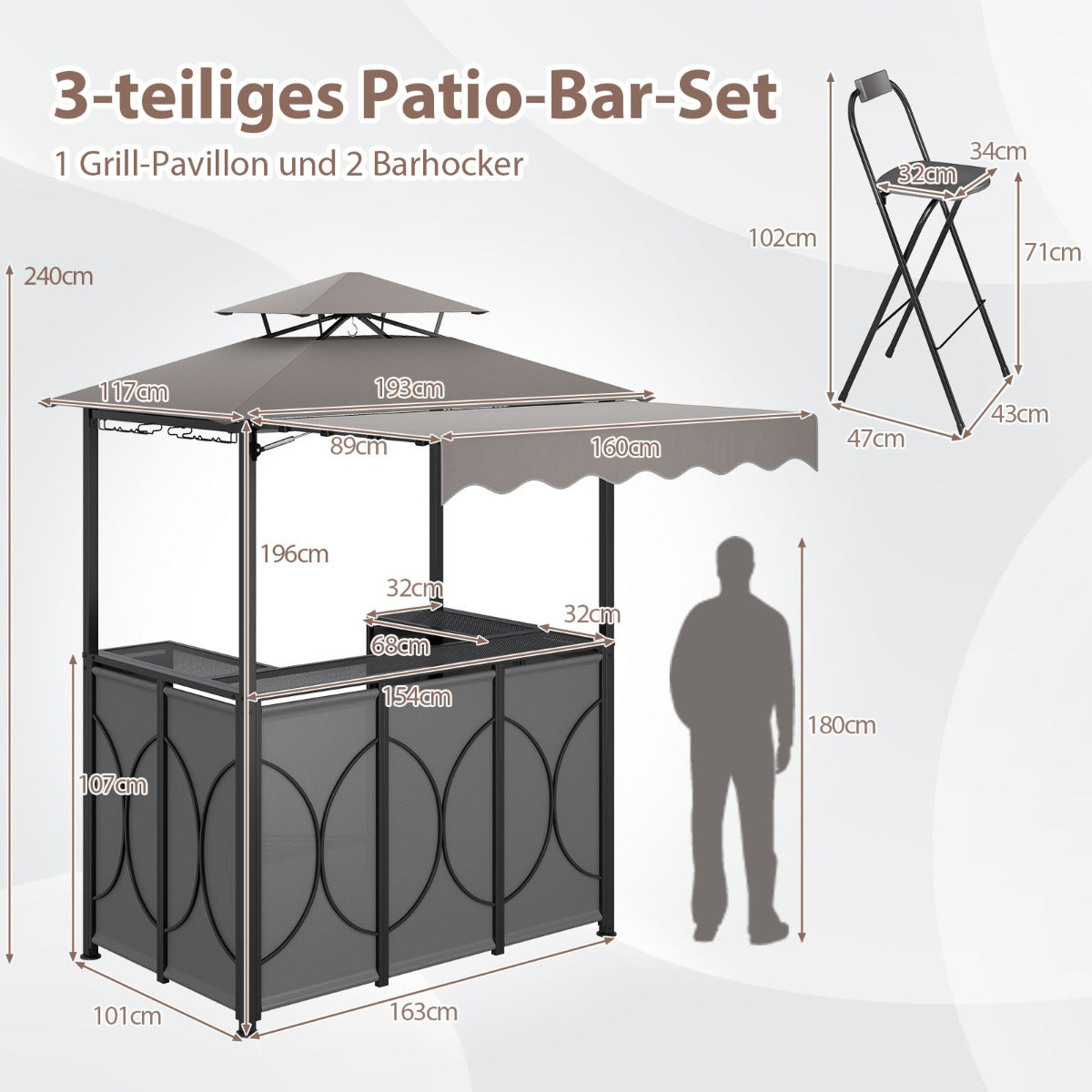 Väderbeständig – grillpaviljong med bar och barstolar, trädgårdspaviljong dubbelt tak markis, – 2 . – Grå