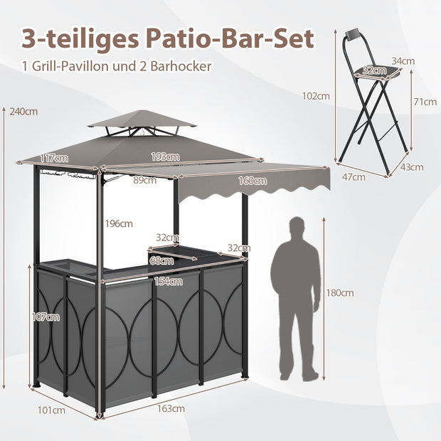 Väderbeständig – grillpaviljong med bar och barstolar, trädgårdspaviljong dubbelt tak markis, – 2 . – Grå