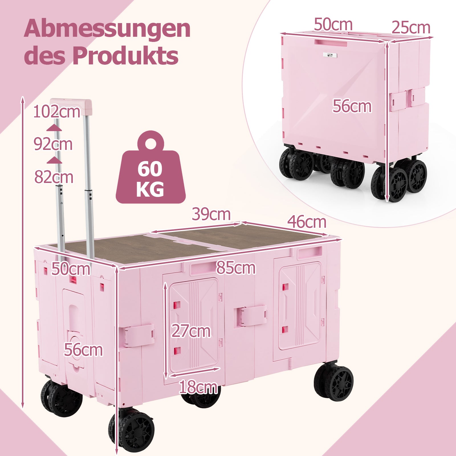 Fällbar – Bollerwagen Handvagn med bordsskiva och lådor justerbart handtag dryckeshållare – 2 – Rosa