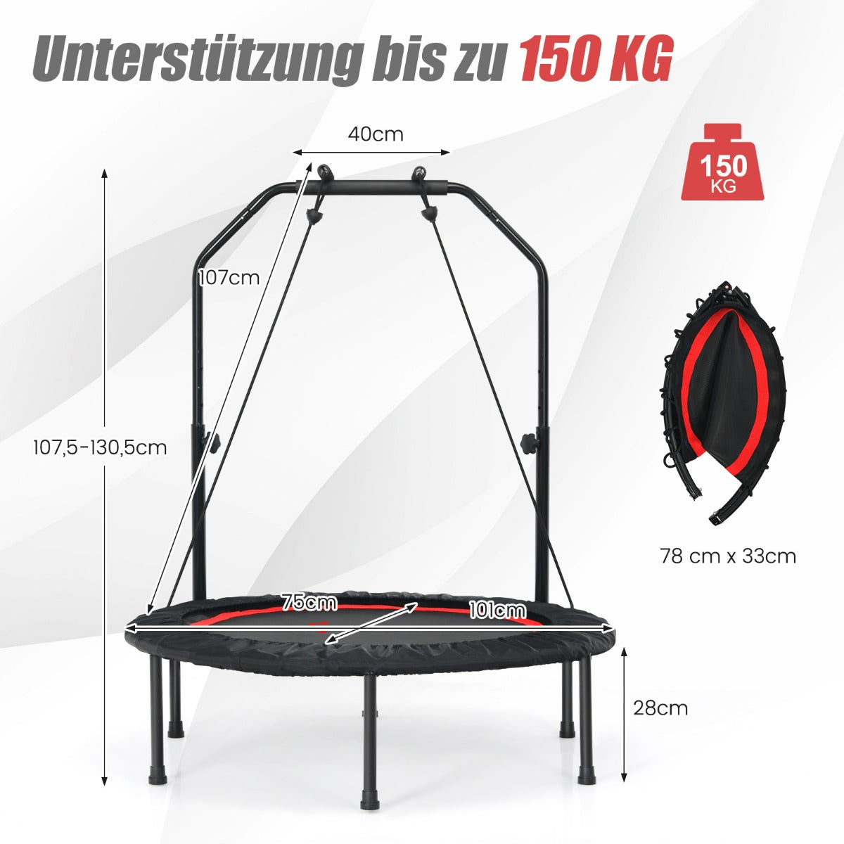 Fitmess – Trampolin Mini med höjdjusterbart handtag och motståndsband – 2 Ø 101 cm – Röd