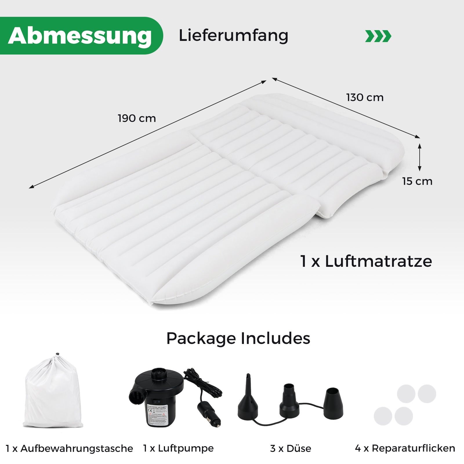 Bilmadrass – SUV luftmadrass dubbelsidig uppblåsbar luftsäng med luftpump – 190 x 130 cm – Beige