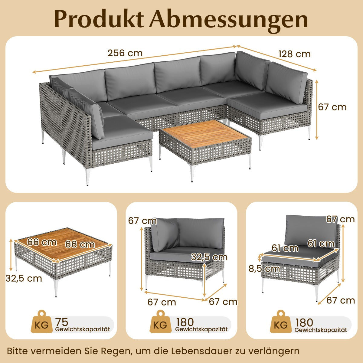 Delat – Lounge möbler utomhus rattan med bord och kuddar fritt kombinerbara set – 7 – Grå