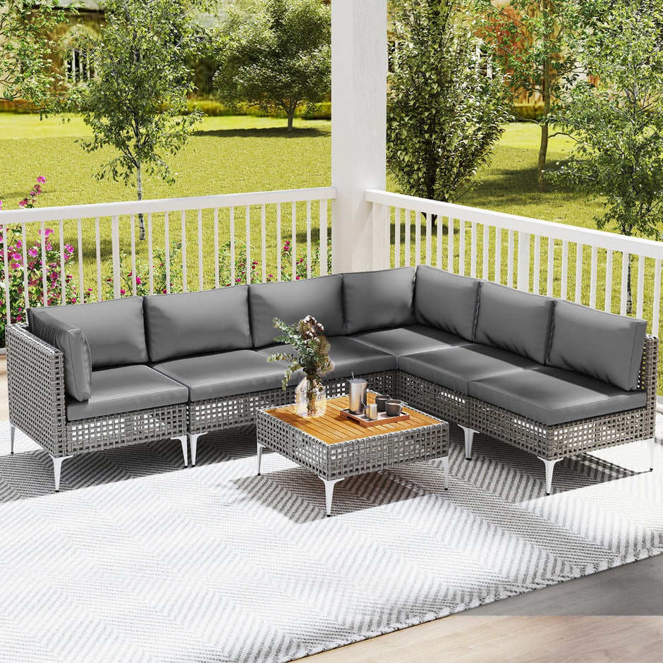 Delat – Lounge möbler utomhus rattan med bord och kuddar fritt kombinerbara set – 7 – Grå