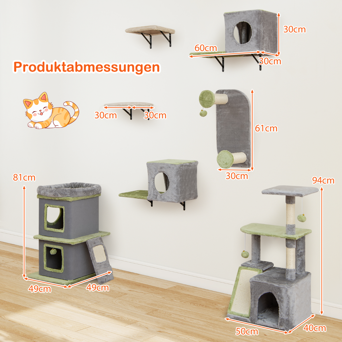 i – kattmöbelset kattaktivitetscentrum med hus stegs klösträd – 3 1 3 – Grå