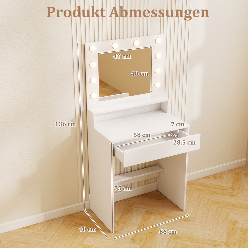 Sminkbord – med LED belysning justerbar ljusstyrka Frisörbord spegel – Vit