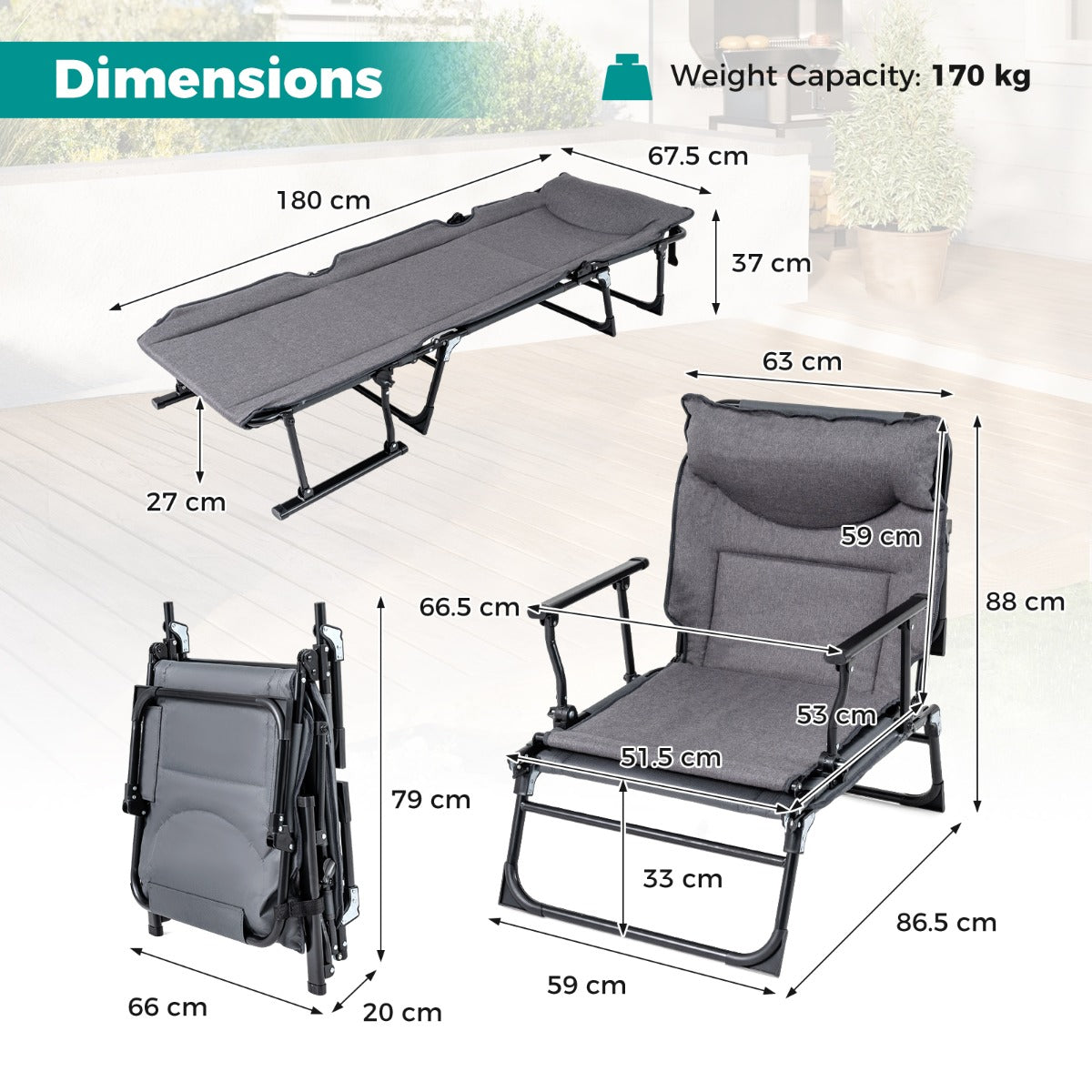i – Trädgårdslounge med Huvudstöd och Justerbart Ryggstöd Vikbar Sollounge – 3 1 180 x 67,5 x 37 cm – Grå-svart