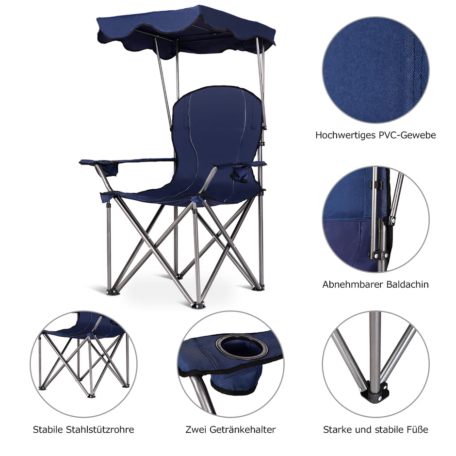Hopfällbar – campingstol med soltak mugghållare Bärväska – 96,5 x 67,5 x 130 cm – Blå
