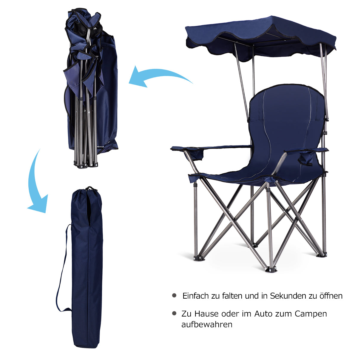 Hopfällbar – campingstol med soltak mugghållare Bärväska – 96,5 x 67,5 x 130 cm – Blå