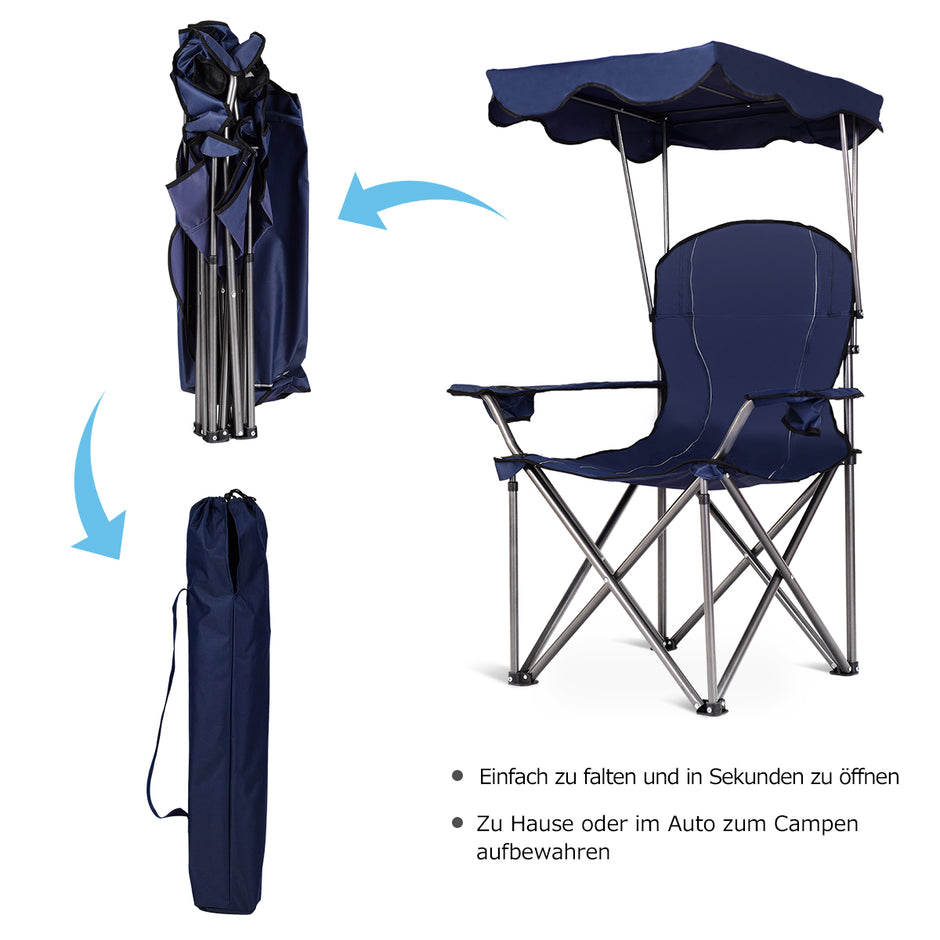 Hopfällbar – campingstol med soltak mugghållare Bärväska – 96,5 x 67,5 x 130 cm – Blå